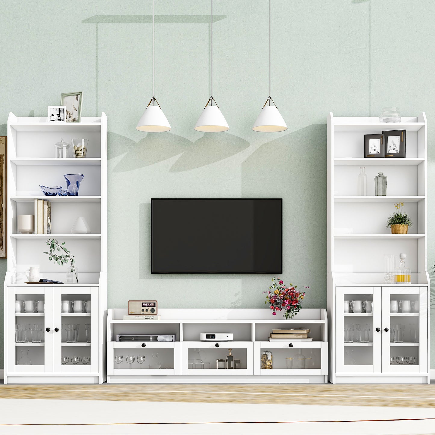 ON-TREND Chic Elegant Entertainment Wall Unit with Tall Cabinets, Modern TV Console Table for TVs Up to 65", Multifunctional TV Stand Set with Acrylic Board Door, White