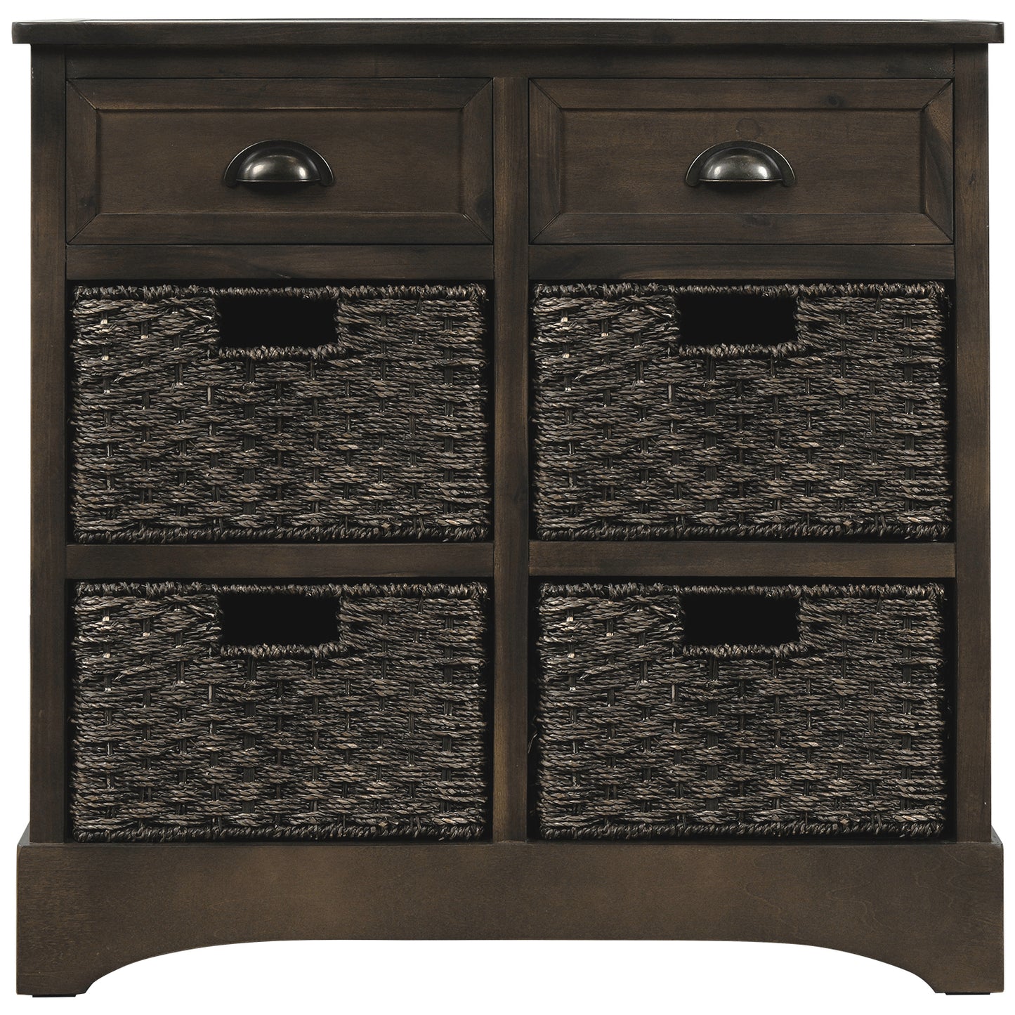 Rustic Storage Cabinet with Two Drawers and Four Classic Rattan Basket for Dining Room/Living Room (Brown Gray)