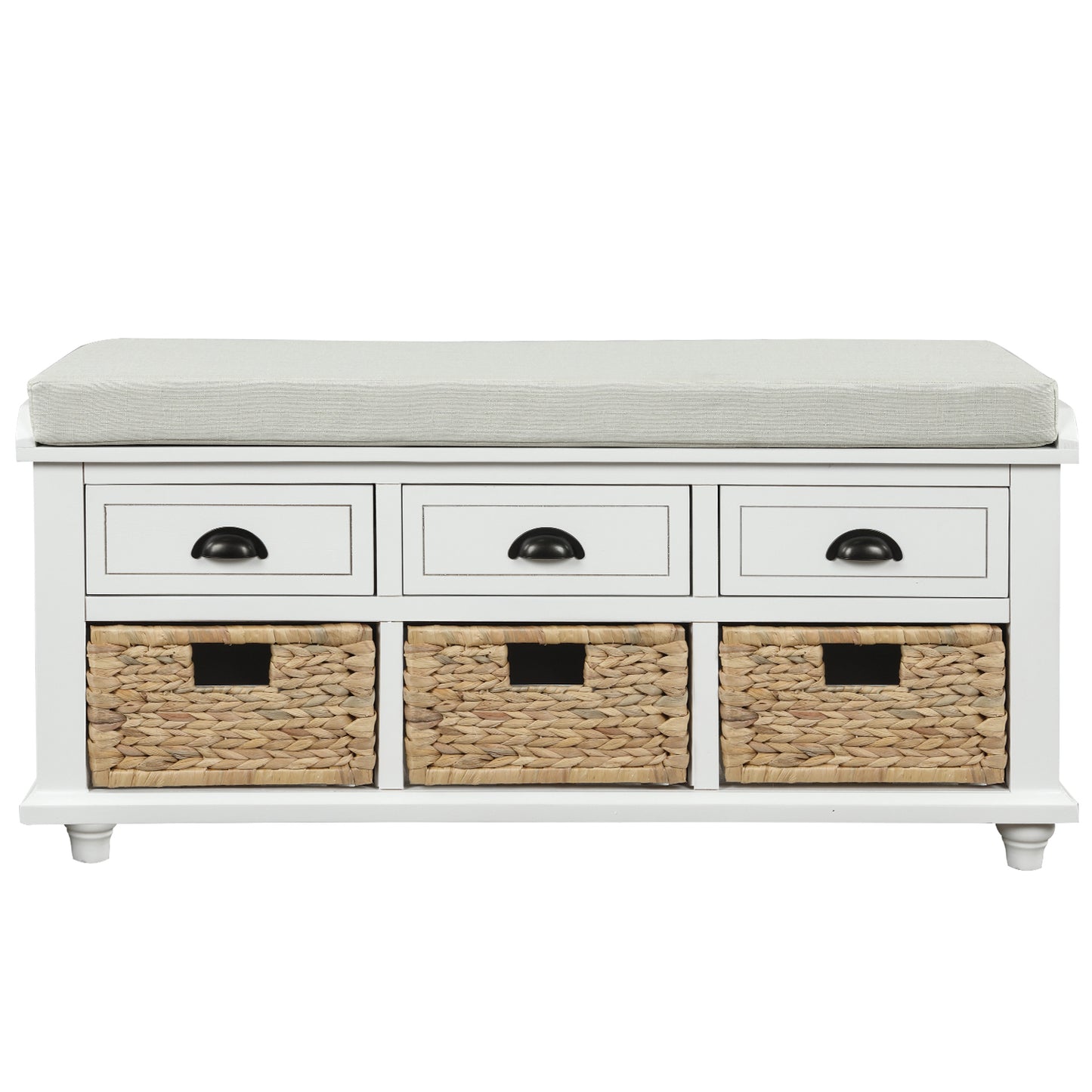 Rustic Storage Bench with 3 Drawers and 3 Rattan Baskets, Shoe Bench for Living Room, Entryway (White)