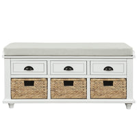 Rustic Storage Bench with 3 Drawers and 3 Rattan Baskets, Shoe Bench for Living Room, Entryway (White)