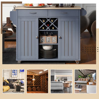 K&K Store Kitchen Island Cart with Two Storage Cabinets and Four Locking Wheels, Wine Rack, Two Drawers, Spice Rack, Towel Rack (Grey Blue)