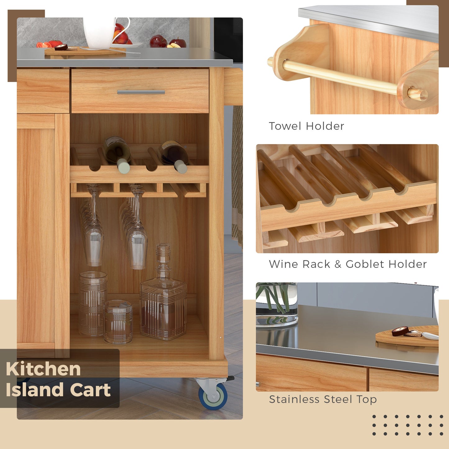 K&K Kitchen Cart with Stainless Steel Top and Storage Cabinet, Kitchen Island on Wheels with Two Drawers & Goblet Holder & Wine Rack & Spice Rack & Towel Holder, L51xW18xH37 Inches