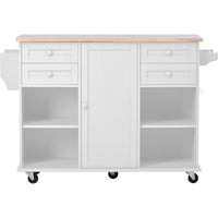 K&K kitchen island cart with Spice Rack, Towel Rack & Drawer, Rubber Wood Desktop, 5 Wheels Including 4 Lockable Wheels, 52.8inch Width (White)