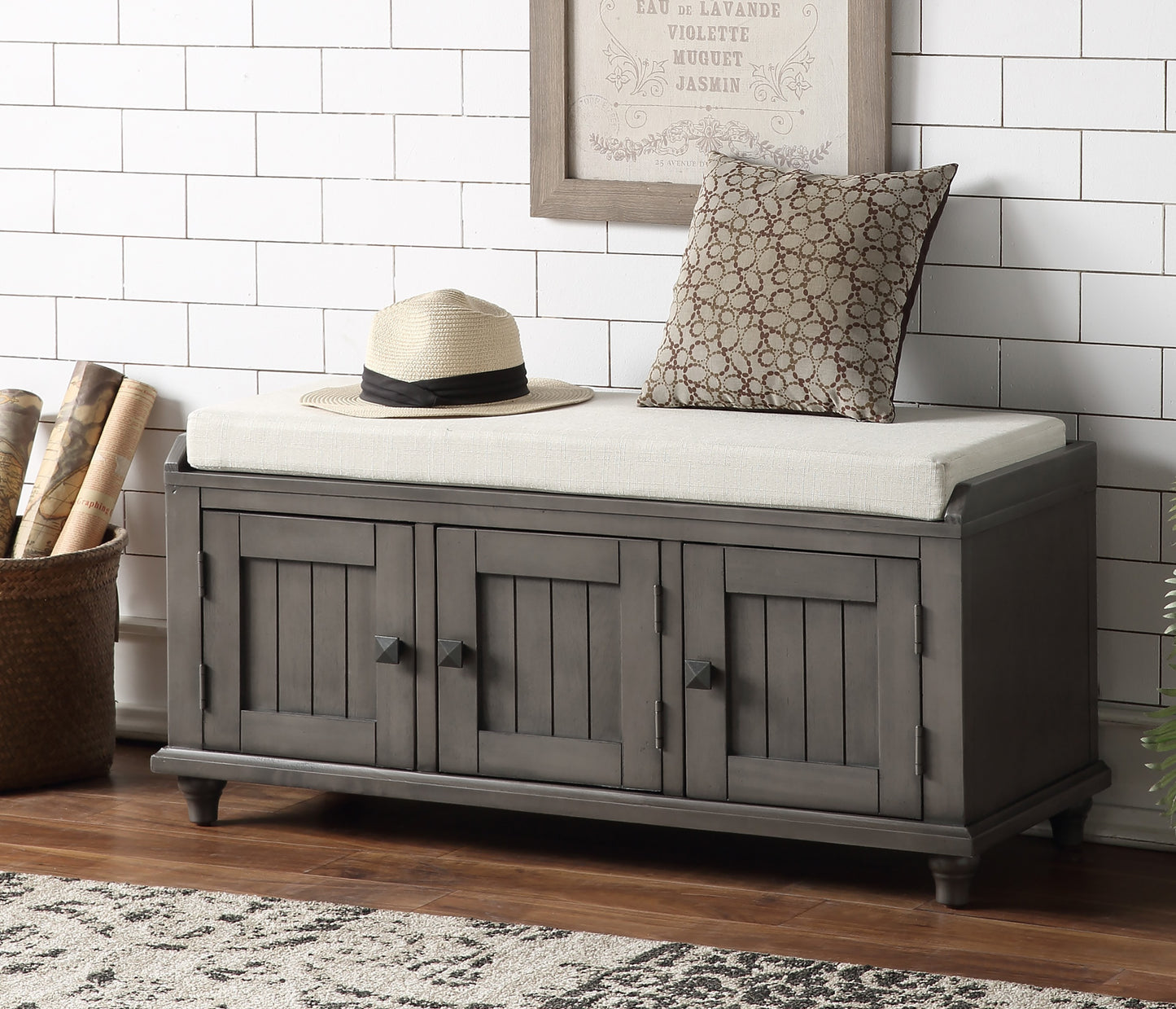 Homes Collection Wood Storage Bench with 2 Cabinets