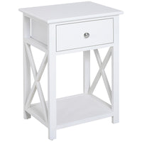 HOMCOM Side Table, Farmhouse End Table with Storage Drawer, Open Shelf and X-frame, Bedside Table for Living Room, White