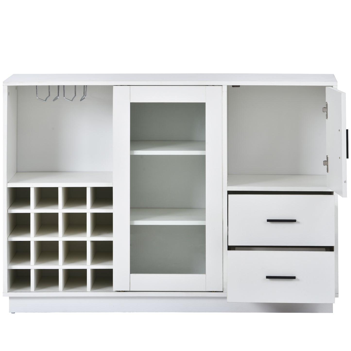 Kitchen Functional Sideboard with Glass Sliding Door and Integrated 16 Bar Wine Compartment, Wineglass Holders (White)