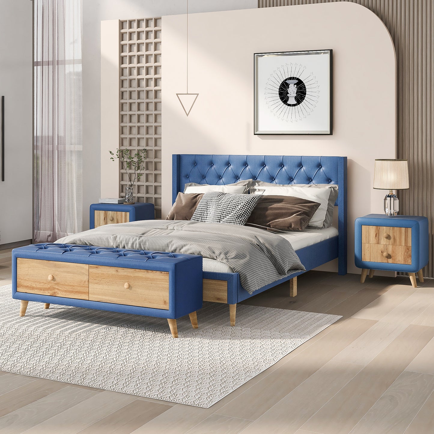 4-Pieces Bedroom Sets Queen Size Upholstered Platform Bed with Two Nightstands and Storage Bench-Blue