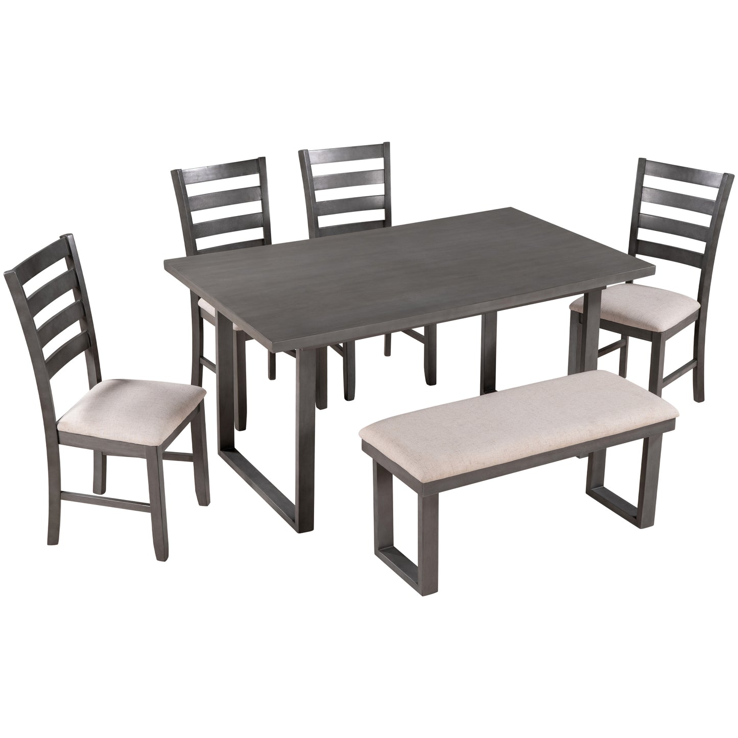 6-Pieces Family Furniture, Solid Wood Dining Room Set with Rectangular Table & 4 Chairs with Bench (Gray)