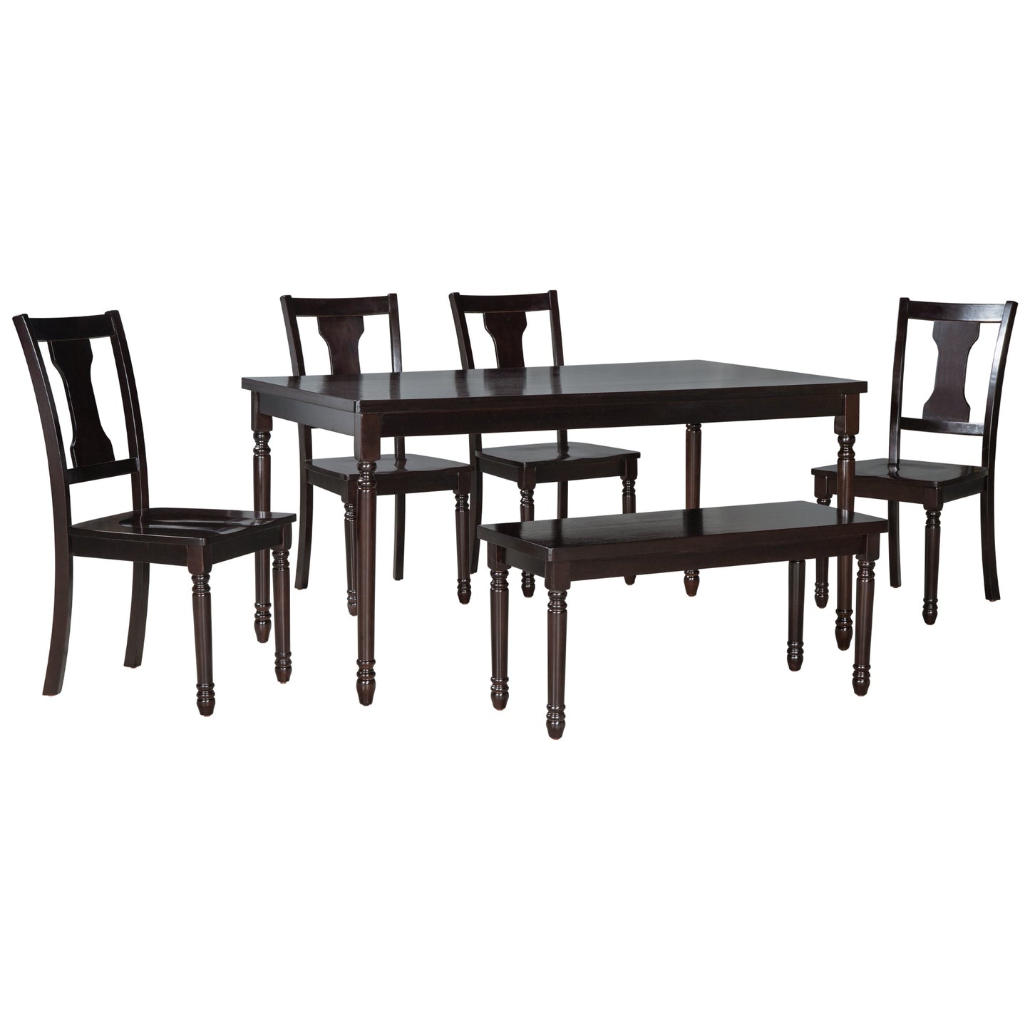 Classic Dining Set Wooden Table and 4 Chairs with Bench for Kitchen Dining Room, Espresso (Set of 6)