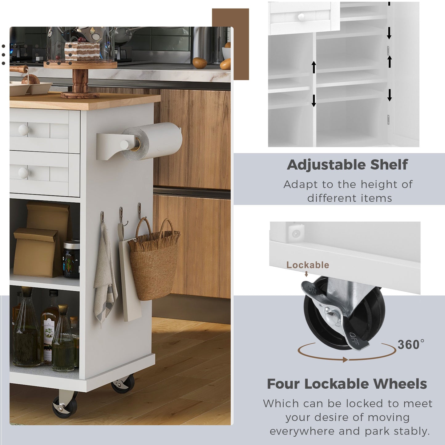 K&K kitchen island cart with Spice Rack, Towel Rack & Drawer, Rubber Wood Desktop, 5 Wheels Including 4 Lockable Wheels, 52.8inch Width (White)