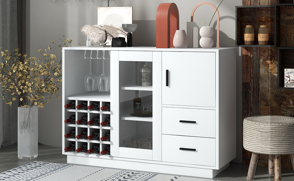 Kitchen Functional Sideboard with Glass Sliding Door and Integrated 16 Bar Wine Compartment, Wineglass Holders (White)