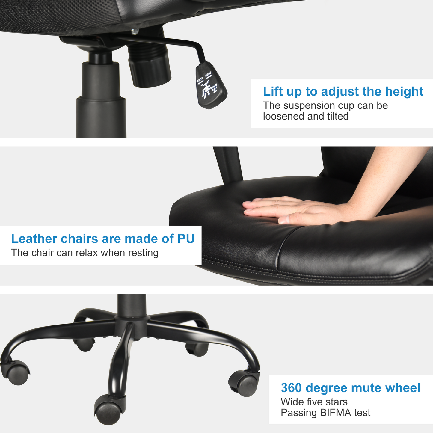 Office Desk Chair with High Quality PU Leather, Adjustable Height/Tilt, 360-Degree Swivel, 300LBS, Black