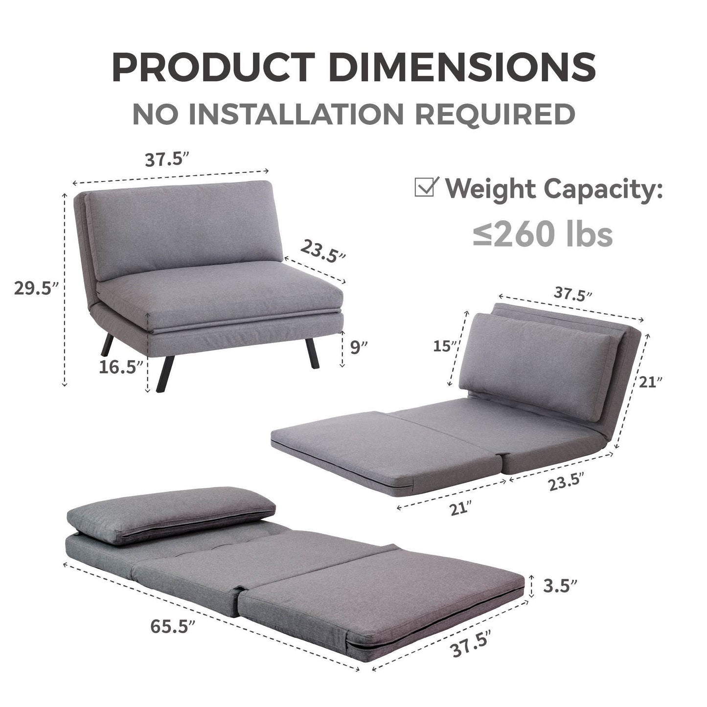 Sofa Bed, Lazy Floor Chair, 5 Position, Adjustable Backrest, Polyester, Light Grey