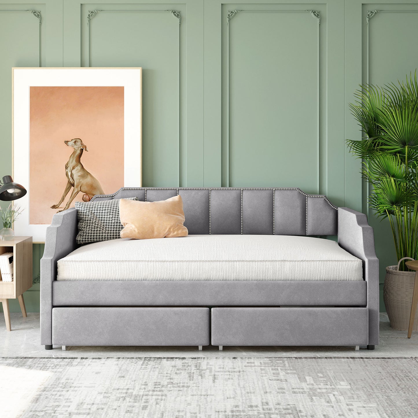 Twin Size Upholstered Daybed with Drawers, Wood Slat Support, Gray