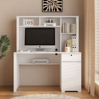 Computer Desk with Hutch & Bookshelf,Wood Executive Desk Teens Student Desk Writing Laptop Home Office Desk with Drawers,3 AC Outlets and 2 USB Charging Ports,Study Laptop Table for Home(White)