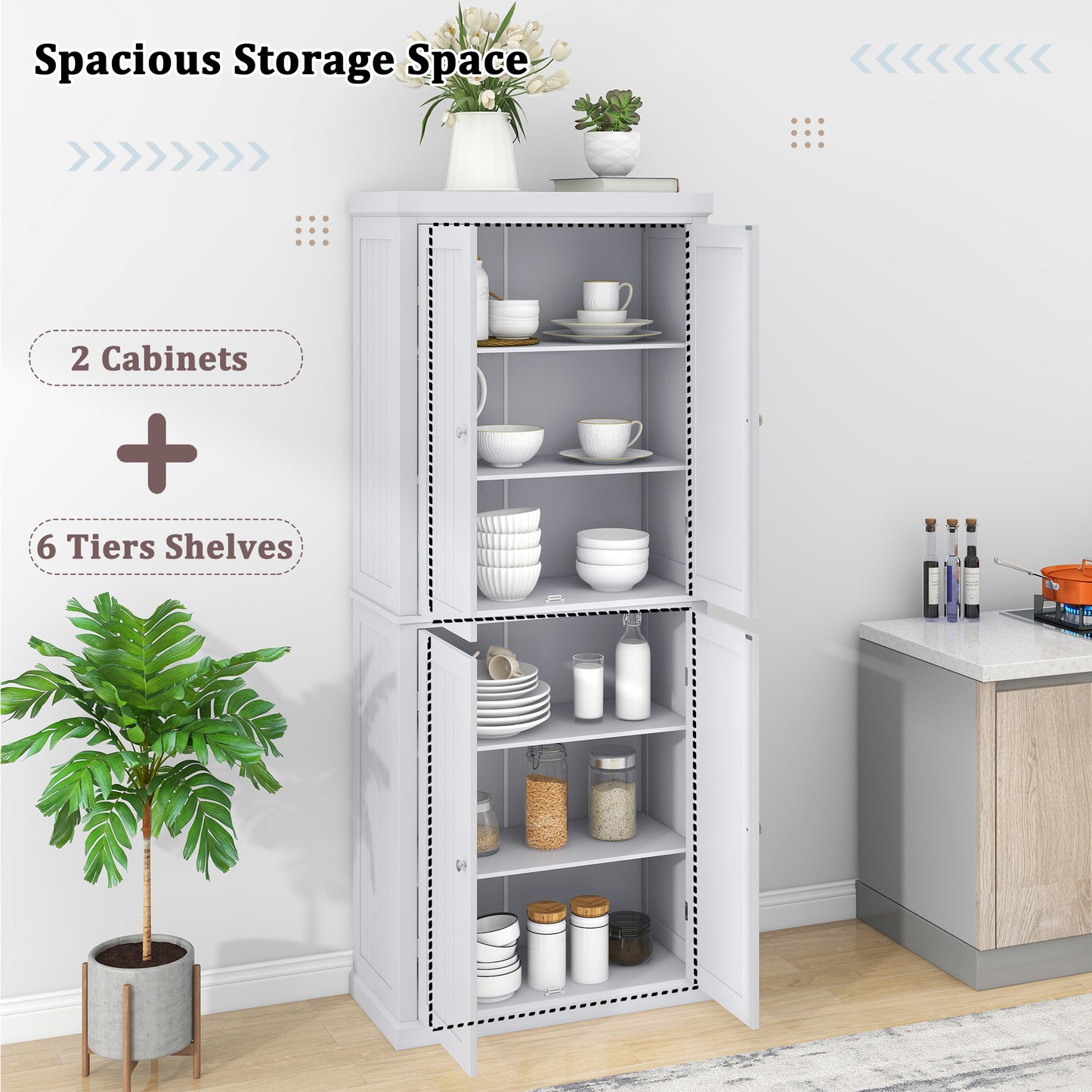 Freestanding Tall Kitchen Pantry, 72.4" Minimalist Kitchen Storage Cabinet Organizer with 4 Doors and Adjustable Shelves, White