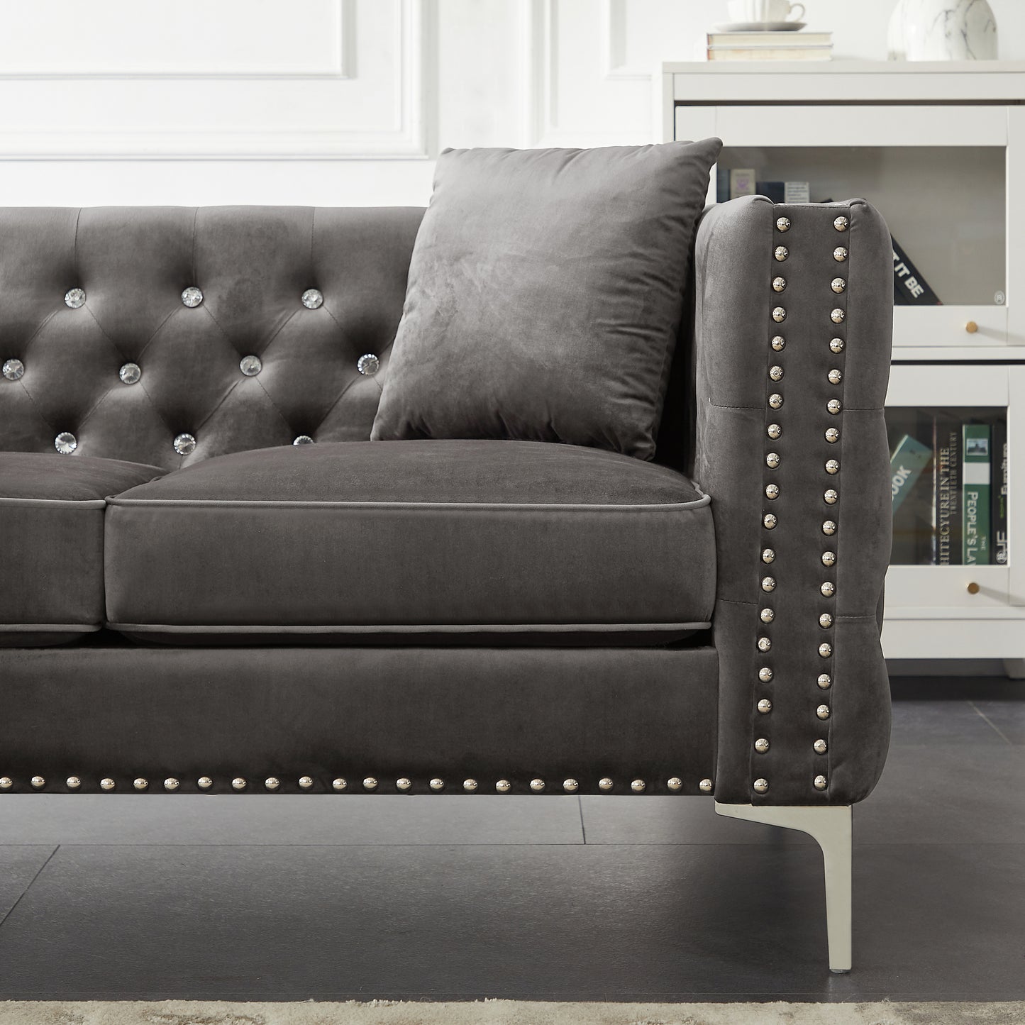 59.4 Inch Wide Grey Velvet Sofa with Jeweled Buttons, Square Arm , 2 Pillow