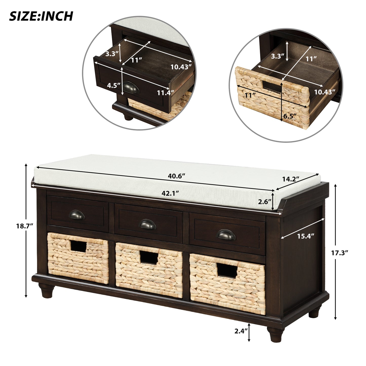 Rustic Storage Bench with 3 Drawers and 3 Rattan Baskets, Shoe Bench for Living Room, Entryway (Espresso)