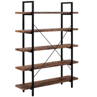 5-tier Industrial Bookcase with Rustic Wood and Metal Frame, Large Open Bookshelf for Living Room (Distressed Brown)