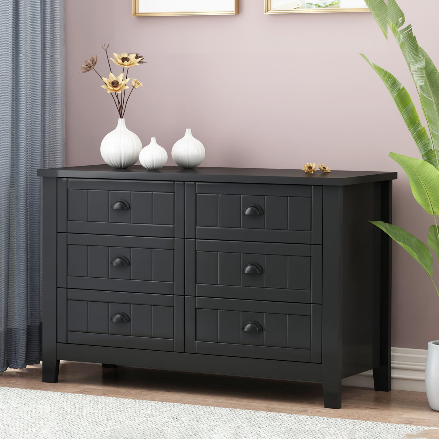 Drawer Dresser Cabinet, Bar Cabinet with Solid Wood Handles and Foot Stand Black