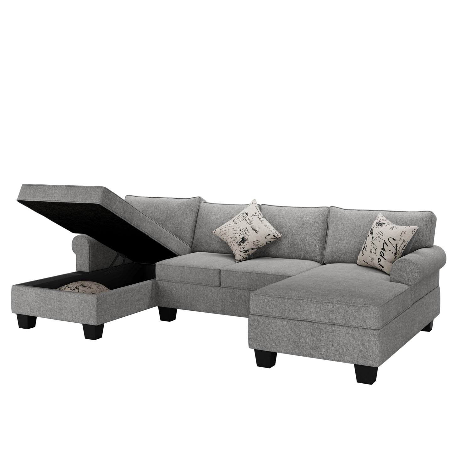 Family-Friendly 3pc U Shaped Sectional with 2 Storage Chaises, Rolled Arm with 3 Throw Pillows, Chenille, Grey