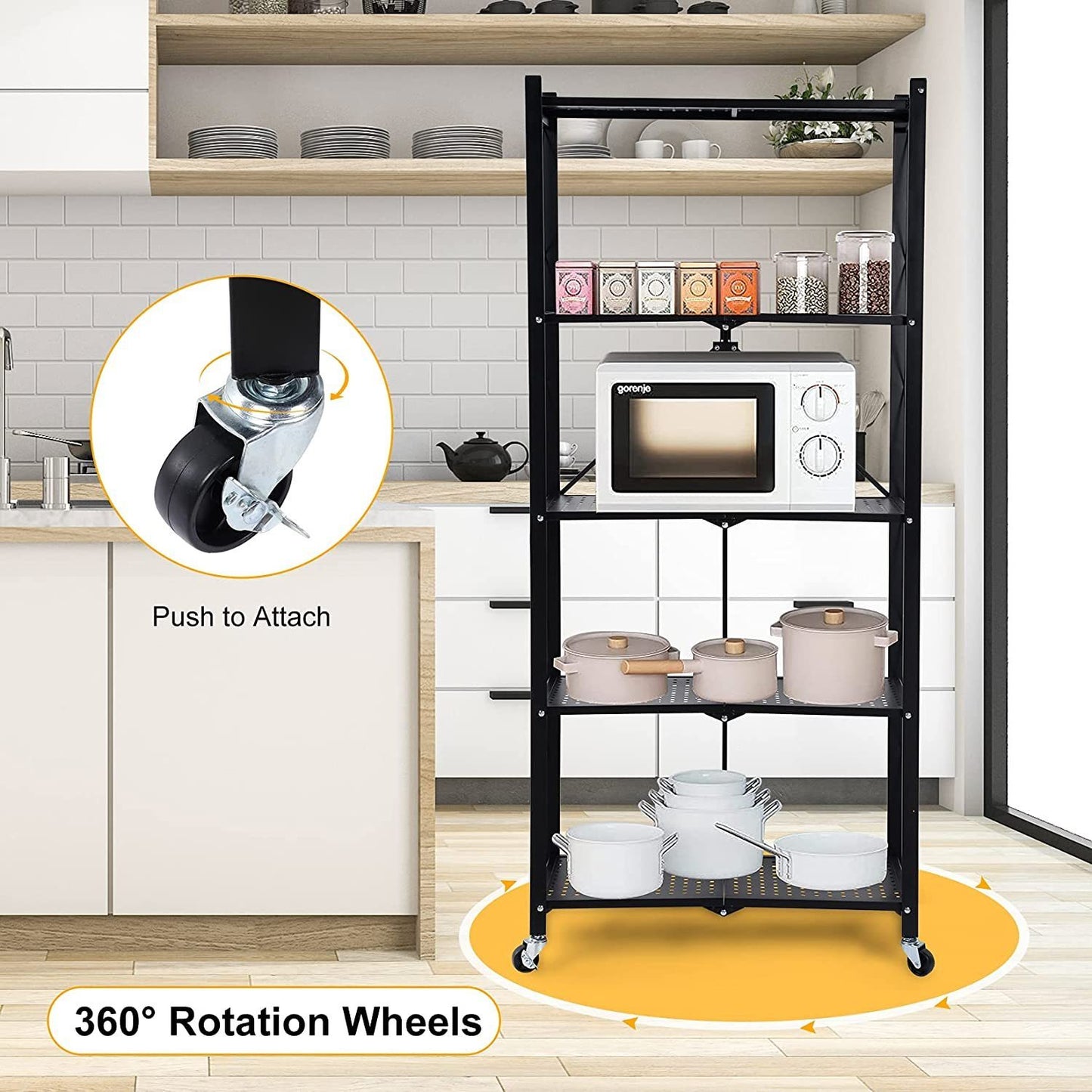 5-Tier Heavy Duty Foldable Metal Rack Storage Shelving Unit with Wheels Moving Easily Organizer Shelves Great for Garage Kitchen Holds up to 1250 lbs Capacity, Black