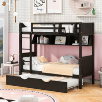 Twin-Over-Twin Bunk Bed with Twin size Trundle , Separable Bunk Bed with Bookshelf for Bedroom -Espresso