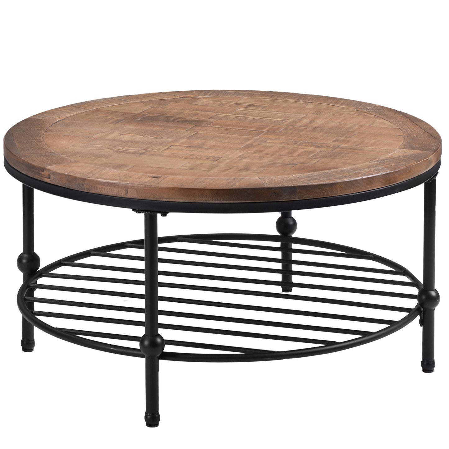 Rustic Natural Round Coffee Table with Storage Shelf for Living Room, Easy Assembly (Round)