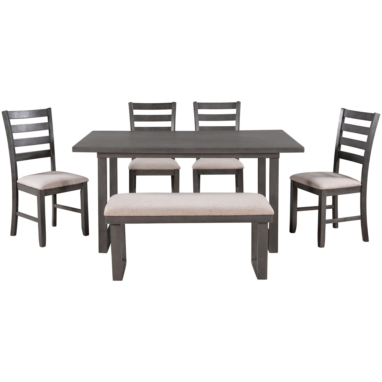 6-Pieces Family Furniture, Solid Wood Dining Room Set with Rectangular Table & 4 Chairs with Bench (Gray)