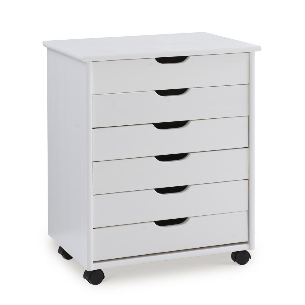 Six Drawer Wide Roll Storage Cart, White Finish, Office and Home Furniture