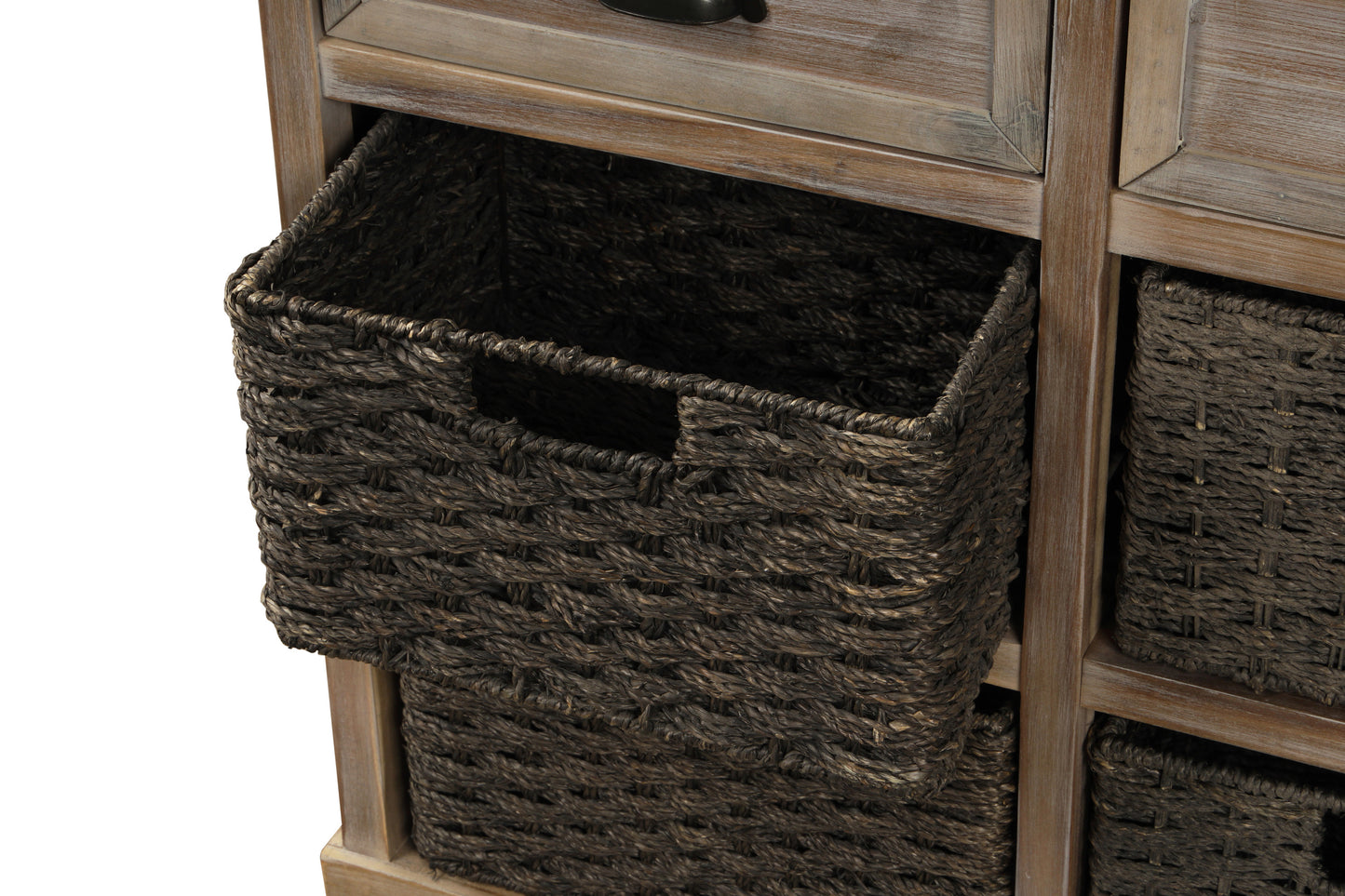 Rustic Storage Cabinet with Two Drawers and Four Classic Rattan Basket for Dining Room/Living Room (White Washed)