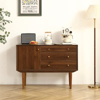 Modern Buffet Cabinet Sideboard with Walnut Finish, Solid Wood Legs - 43.3 Inch Stylish Design, One Door, Three Drawers, Smooth Metal Rails