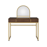 ACME Coleen Vanity Desk w/Mirror & Jewelry Tray in Walnut & Gold Finish