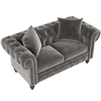 63" Deep Button Tufted Velvet Loveseat Sofa Roll Arm Classic Chesterfield Settee, 2 Pillows Included