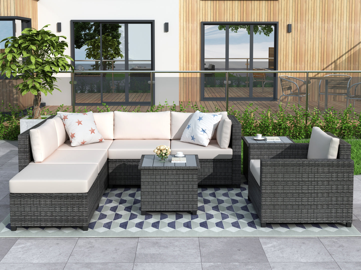 8 Piece Rattan Sectional Seating Group with Cushions, Patio Furniture Sets, Outdoor Wicker Sectional