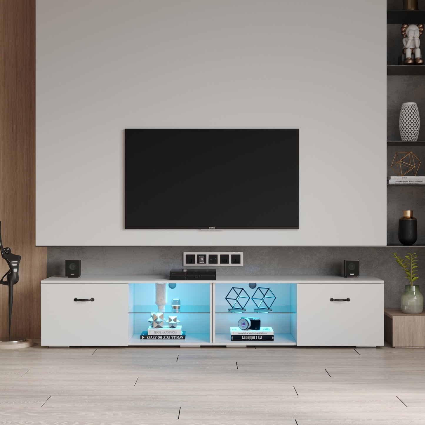 TV cabinet with LED light, white TV cabinet