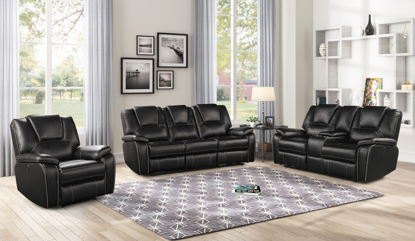 Hong Kong 3 Piece Power Reclining Sofa Set made with Faux Leather in Black