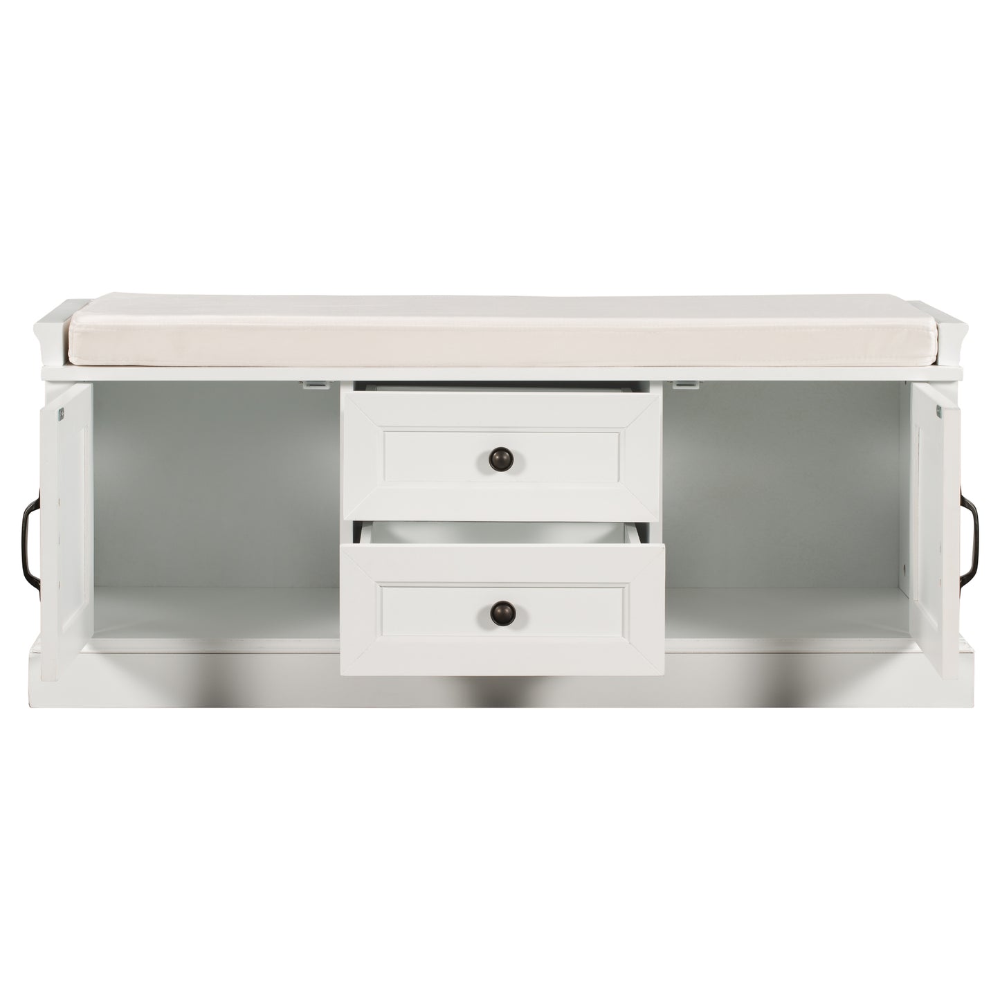 Storage Bench with 2 Drawers and 2 Cabinets, Shoe Bench with Removable Cushion for Living Room, Entryway (White)