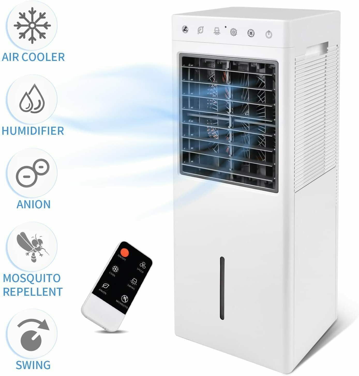 Simple Deluxe 30" Evaporative Air Cooler Fan with Humidification, Repellent and Anion Function, 2 Gallon Water Tank, 3 Speeds Setting, Remote Control, White