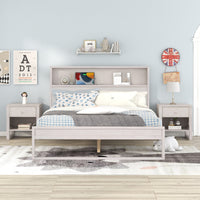 3-Pieces Bedroom Sets Queen Size Platform Bed with Two Nightstands, Antique White