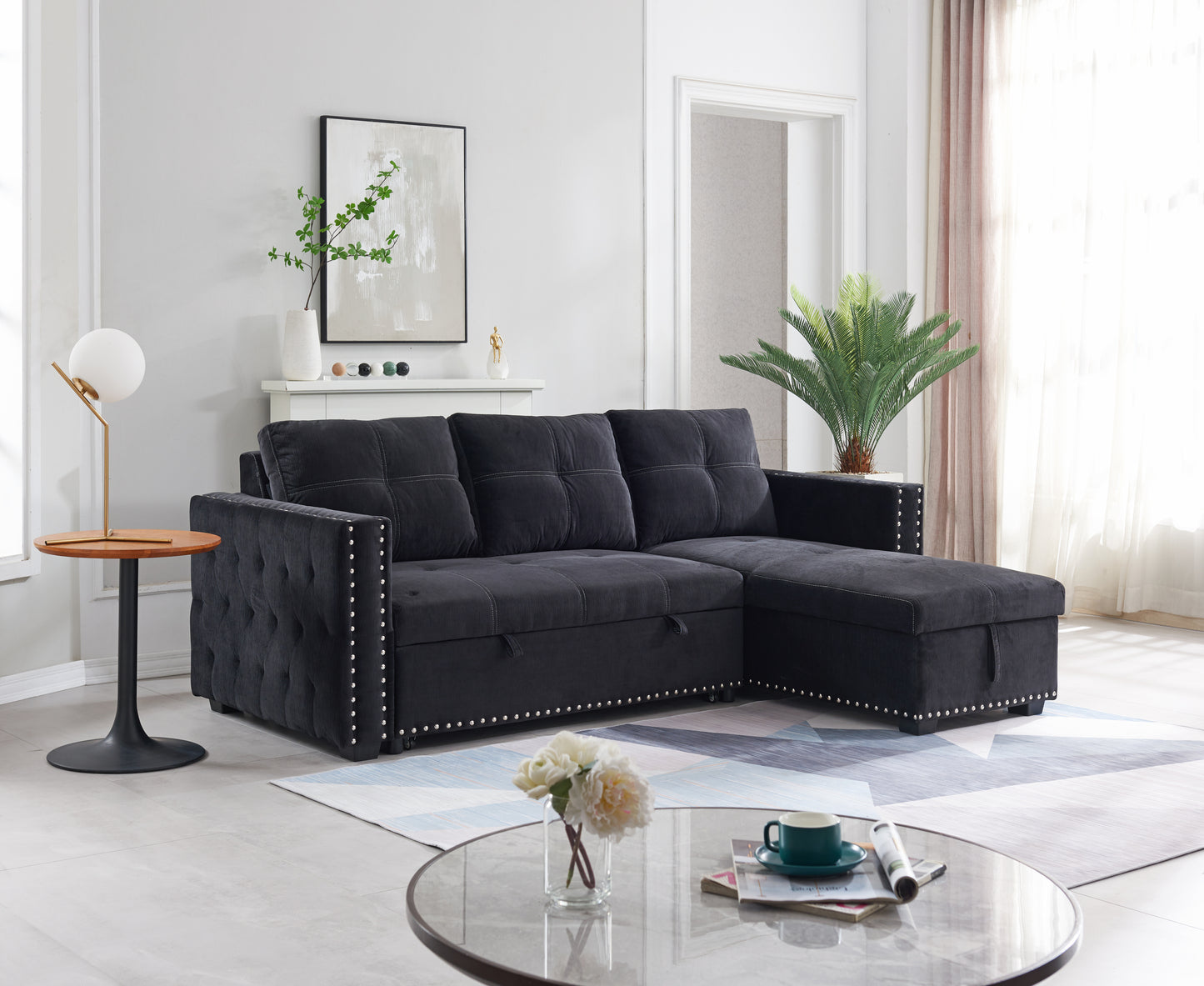 Sectional Sofa with Pulled Out Bed,  2 Seats Sofa and Reversible Chaise with Storage, Both Hands with Copper Nail, Black, (91" x 64" x 37")