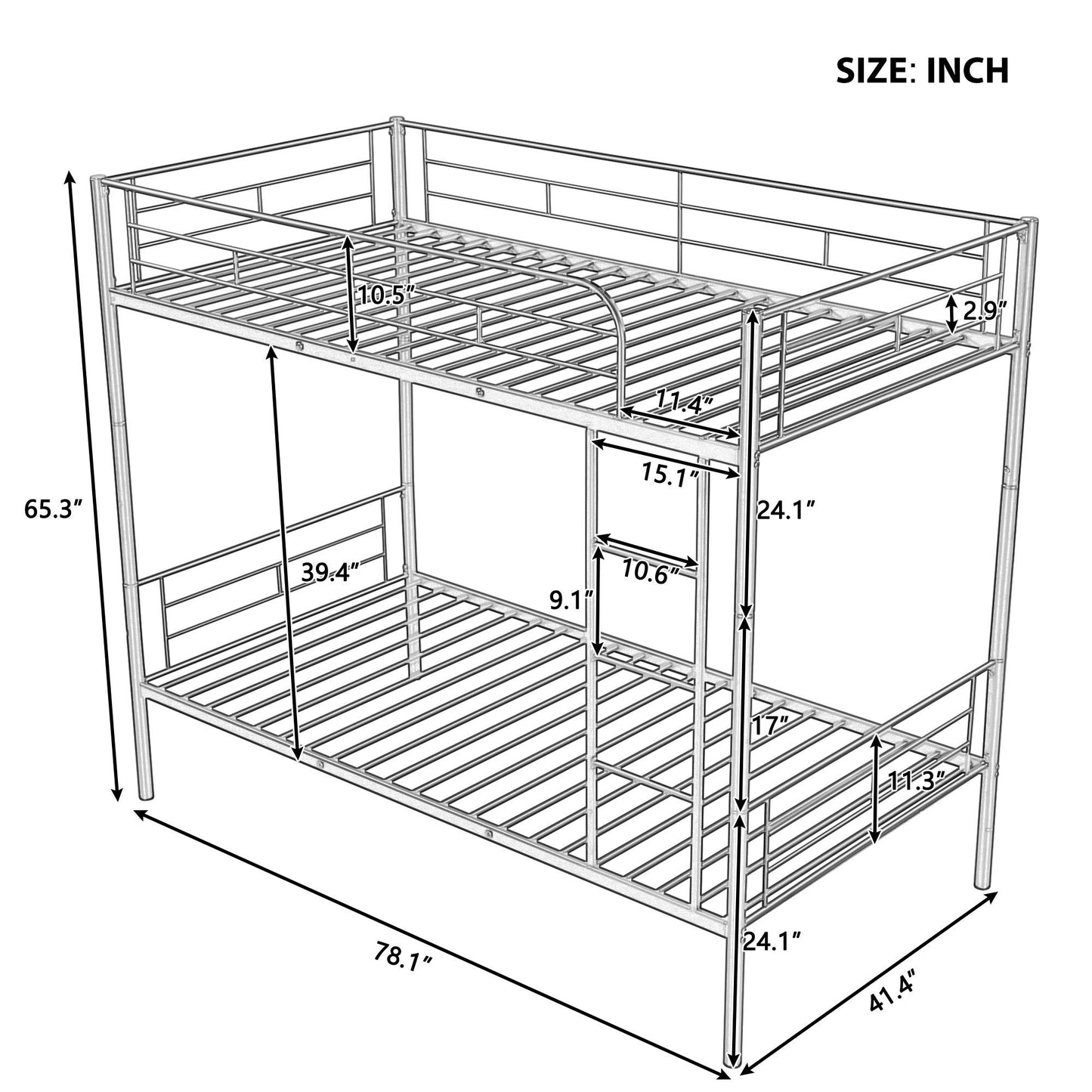 Twin Over Twin Metal Bunk Bed (Silver)