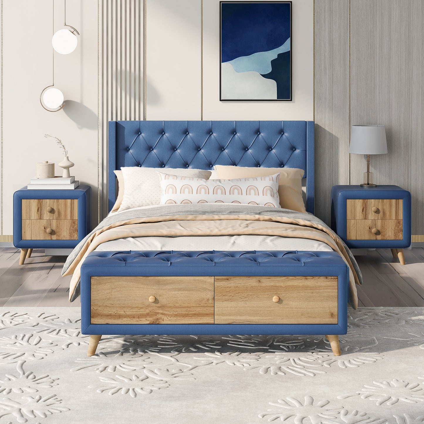 4-Pieces Bedroom Sets Full Size Upholstered Platform Bed with Two Nightstands and Storage Bench-Blue