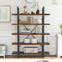 5-tier Industrial Bookcase with Rustic Wood and Metal Frame, Large Open Bookshelf for Living Room (Distressed Brown)