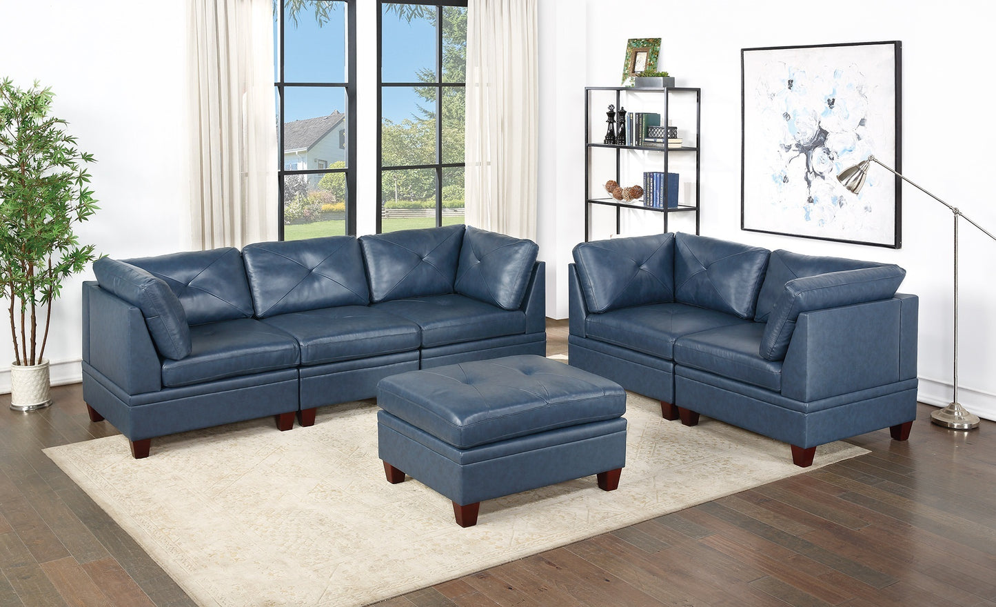 Genuine Leather Ink Blue Tufted 6pc Modular Sofa Set 4x Corner Wedge 1x Armless Chair 1x Ottoman Living Room Furniture Sofa Couch