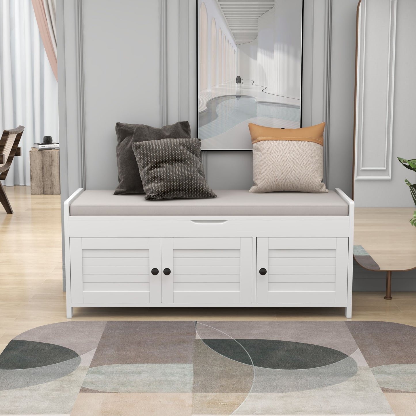 Storage Bench with 3 Shutter-shaped Doors, Shoe Bench with Removable Cushion and Hidden Storage Space (White)