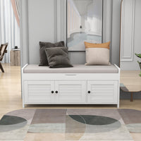 Storage Bench with 3 Shutter-shaped Doors, Shoe Bench with Removable Cushion and Hidden Storage Space (White)