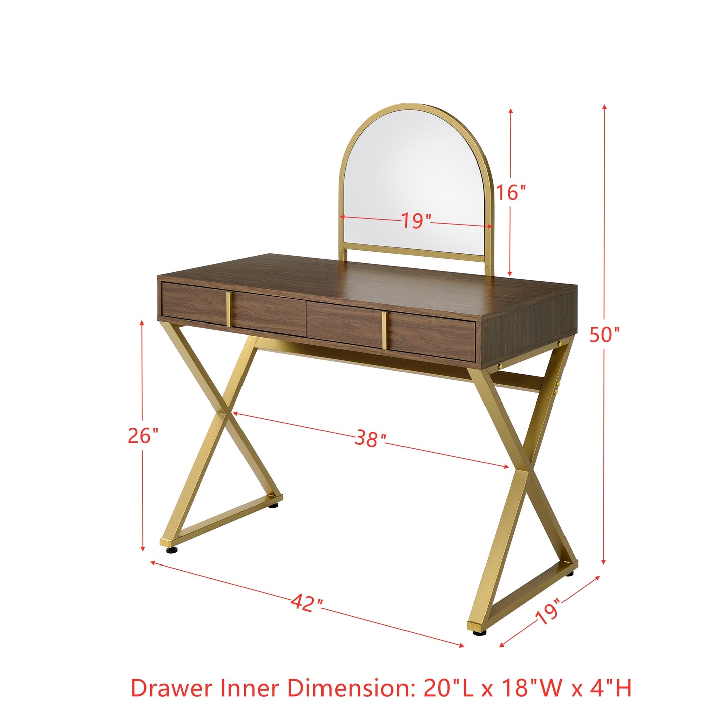 ACME Coleen Vanity Desk w/Mirror & Jewelry Tray in Walnut & Gold Finish