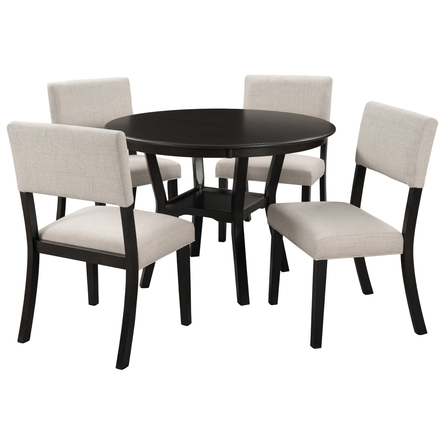 5-Piece Kitchen Dining Table Set Round Table with Bottom Shelf, 4 Upholstered Chairs for Dining Room (Espresso）