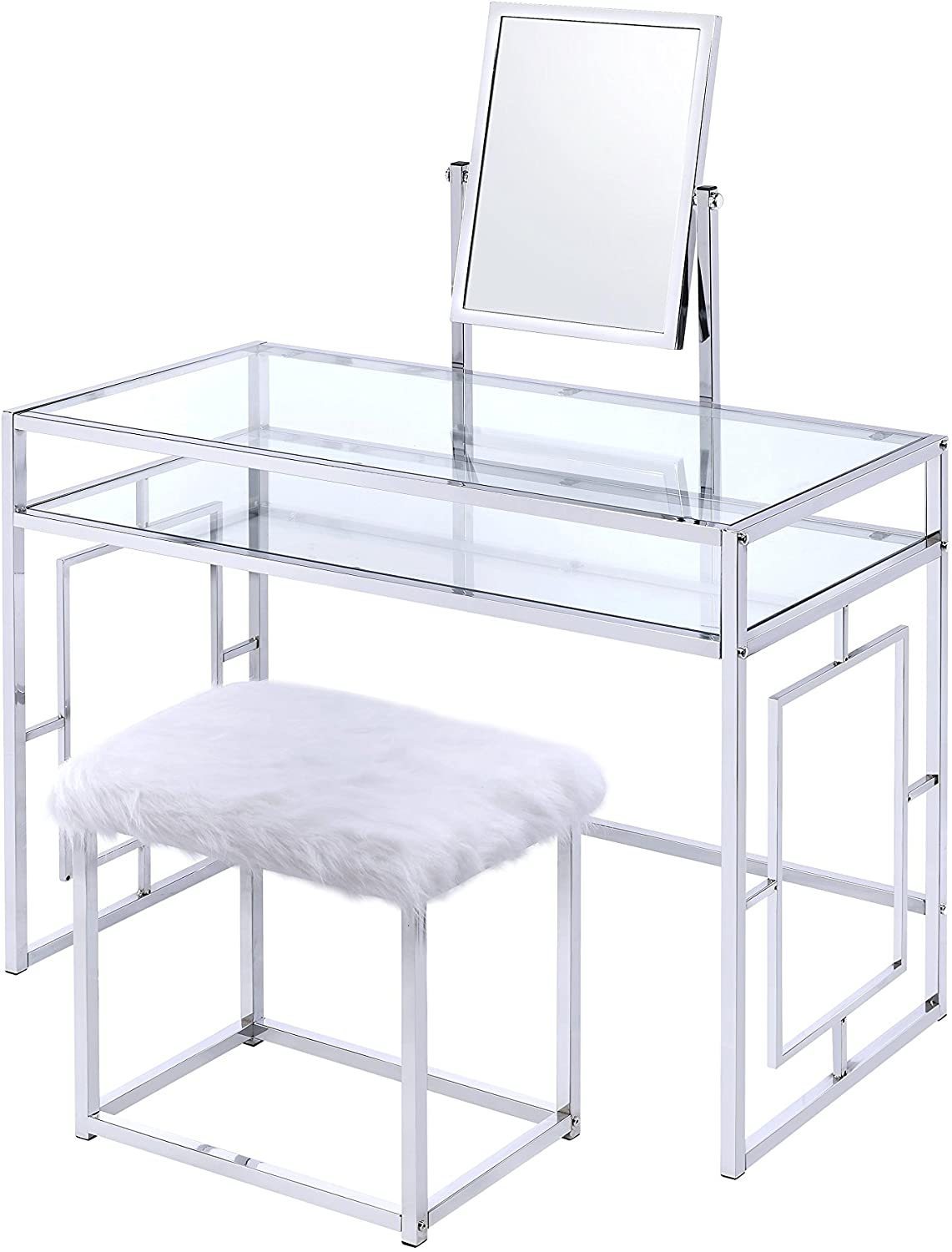 ACME Carenze II Curio Cabinet in White Faux Fur & Chrome